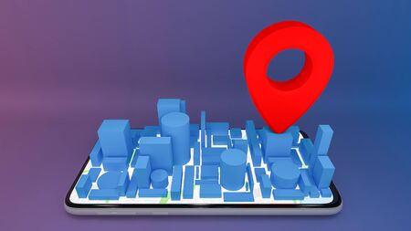 Mobile digital city map with red pin pointers.,delivery concept.,3D rendering.
