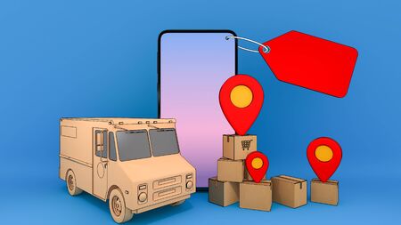 Mobile phone and truck van with many paper box and red pin pointers.,Online mobile application order transportation service and Shopping online and Delivery concept.,3D rendering.の写真素材