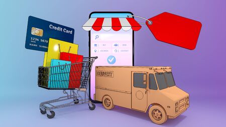 Colourful paper shopping bags and credit card in a cart with Truck van appeared from smartphones...