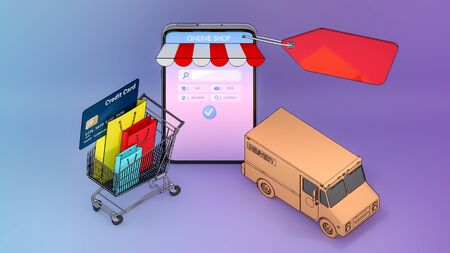 Colourful paper shopping bags and credit card in a cart with Truck van appeared from smartphones screen.,Online mobile application order transportation service and Shopping online and Delivery concept.,3D rendering.の写真素材