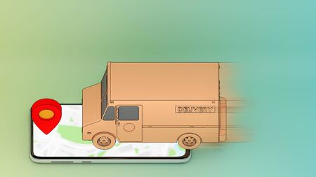 Moving Truck van on mobile phone with red pinpoint.,Online mobile application order transportation service and Shopping online and Delivery concept.,3D rendering.の写真素材