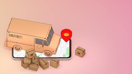 Mobile phone and truck van with many paper box and red pin pointers.,Online mobile application order transportation service and Shopping online and Delivery concept.,3D rendering.の写真素材