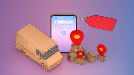 Mobile phone and truck van with many paper box and red pin pointers.,Online mobile application order transportation service and Shopping online and Delivery concept.,3D rendering.の写真素材