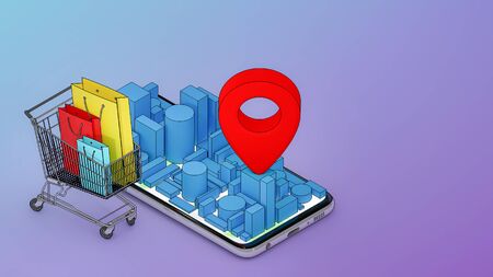 Many Paper bag and in a shopping cart with mobile digital city map with red pin pointers., shopping online and delivery concept.,3D rendering.の写真素材