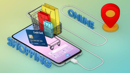 Many Paper bag and price tag and credit card in a shopping cart with mobile digital city map with red pin pointers., shopping online and delivery concept.,3D rendering.の写真素材