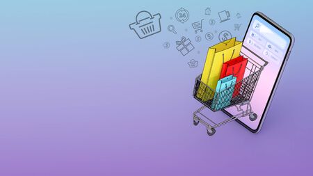 Many Shopping bag in a shopping cart appeared from smartphones screen., shopping online or shopaholic concept, 3D rendering.の写真素材