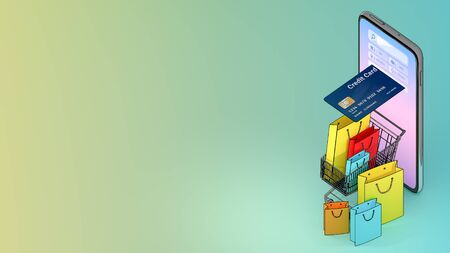 Shopping cart of ejected from a mobile phone with many shopping bag and credit card.,Online mobile application order transportation service and Shopping online and Delivery concept.,3D rendering.の写真素材