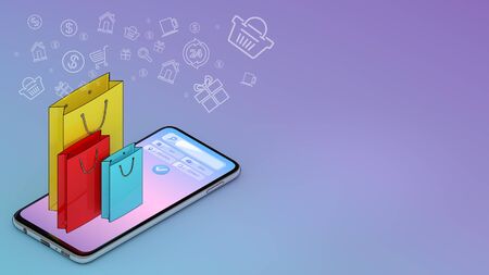 Many Shopping bag appeared from smartphones screen., shopping online or shopaholic concept, 3D rendering.の写真素材