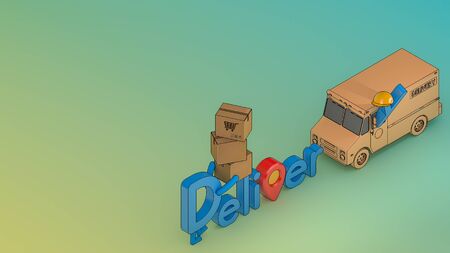 Character cartoon delivery font with truck van and many parcel box.,Online mobile application order...
