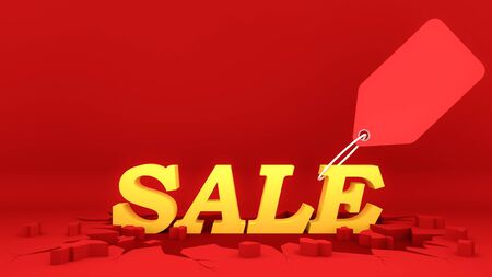 Yellow sale sign with Price tag on crack red ground. Shopping concept, 3D rendering.の写真素材