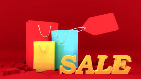 Colourful paper shopping bags and Yellow sale sign with Price tag on crack red ground. Shopping concept, 3D rendering.の写真素材