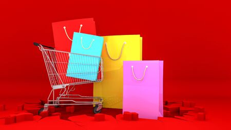 Colourful paper shopping bags on shopping cart with on crack red ground. Shopping concept, 3D rendering.の写真素材