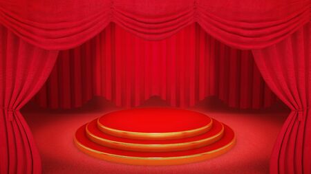 Red and gold Stage on red theatre curtain background., 3D rendering.の写真素材