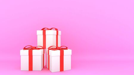 Decorative gift boxes with red bows and ribbons with pink background., 3D rendering.の写真素材