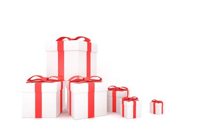 Decorative gift boxes with red bows and ribbons with white background., 3D rendering.の写真素材