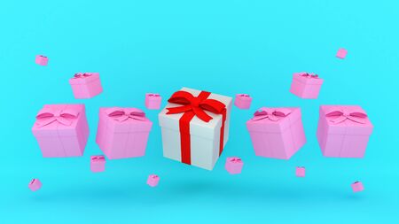 White gift box with red ribbon among many pink gift box floating on blue background., 3D rendering.の写真素材