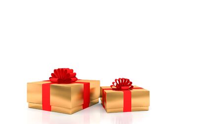 Decorative gold gift boxes with red ribbons with white background., 3D rendering.の写真素材