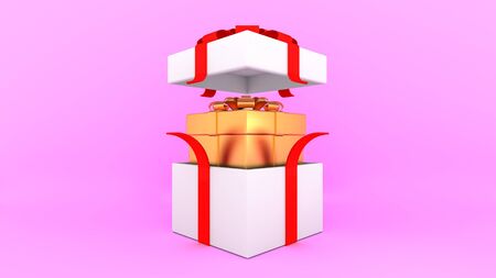 Open white gift box with red ribbon and inside golden box on pink background.,minimal christmas and newyear concept., 3D rendering.の写真素材