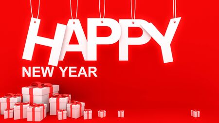 Happy New Year concept with paper cuted on ropes and many and Decorative white gift boxes with red bows and ribbons on red background., 3D rendering.の写真素材