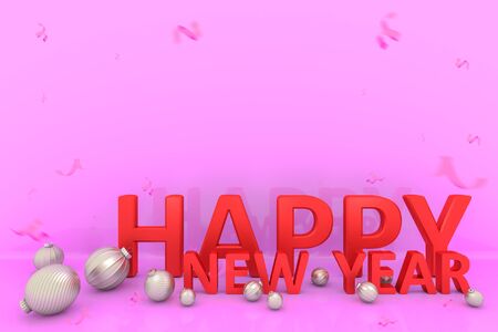 Red happy new year typography with christmas ball and confetti on pink background., 3D rendering.の写真素材