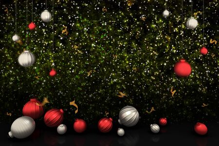 Ball and confetti on lighting christmas tree background., christmas and happy new year concept., 3D rendering.の写真素材