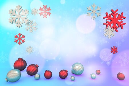 Ball and snowflake on lighting blue background., christmas and happy new year concept., 3D rendering.の写真素材