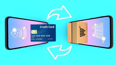 Package and credit card are appeared from smartphones screen., E-commerce flat and shopping online...