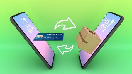 Package and credit card are appeared from smartphones screen., E-commerce flat and shopping online...