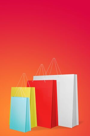 Colourful paper shopping bags on red Background., 3D rendering.の写真素材