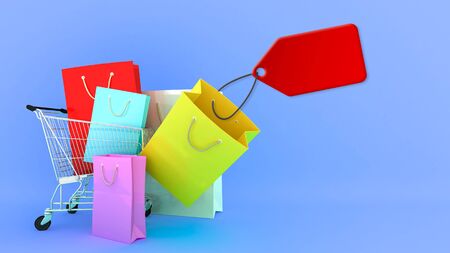 Colourful paper shopping bags on shopping cart and price tag with blue Background., shopping lover or shopaholic concept, 3D rendering.の写真素材