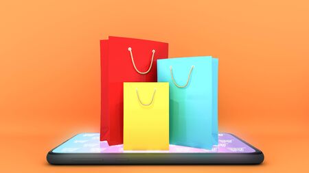 Colourful paper shopping bags on mobile phone with orange Background., shopping online or shopaholic concept, 3D rendering.の写真素材