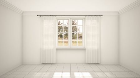 The interior design of empty room and living room modern style with window and White tile floor. 3d Renderの写真素材