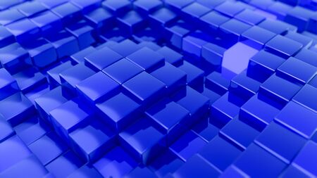 Minimalistic waves pattern made of cubes. Abstract Blue Cubic Waving Surface Futuristic Background.  3d render illustration.の写真素材