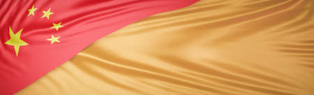 Beautiful China Flag Wave Close Up on gold silk banner background with copy space.,3d model and illustration.の写真素材