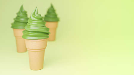 Soft serve ice cream of green tea flavours on crispy cone on green background.,3d model and...