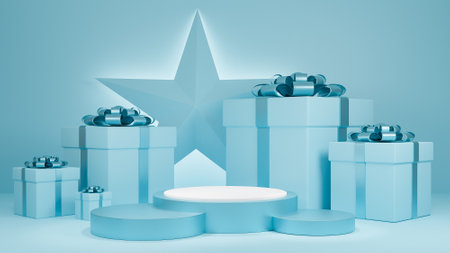 Holiday Christmas and Happy new year pastel blue color background with a gift box and podium display stand for show Luxury products packaging presentation.,3d model and illustration.の写真素材