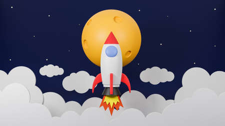Rocket flying over cloud go to the moon on  galaxy background.Business startup concept.3d model and illustration.の写真素材