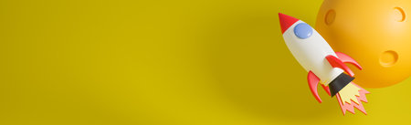 Rocket ship flies up with moon on yellow background.Business startup concept.3d model and...