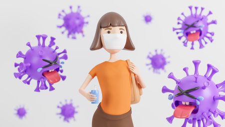 A young woman wearing a medical mask and holding a hand wash alcohol gel surrounded by cute purple colona virus characters crying on white background.,3d model and illustration.の写真素材