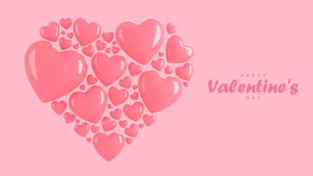 Happy valentine day banner with many hearts 3d objects arranged in a heart shape on pink background.,3d model and illustration.の写真素材