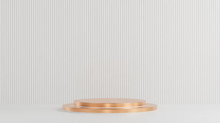 Golden circle podium for product presentation on white lath wall background minimal style.,3d model and illustration.の写真素材