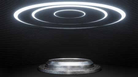 Futuristic pedestal for product presentation on black strip wall background sci-fi style. ,3d model and illustration.の写真素材