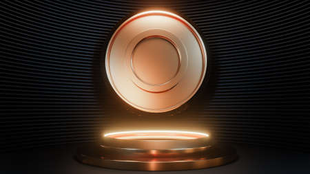Futuristic pedestal for product presentation on black strip wall background sci-fi style. ,3d model and illustration.の写真素材