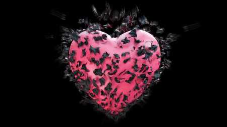 Black heart disintegration peel inside pink heart on black background. ,3d model and illustration.の写真素材