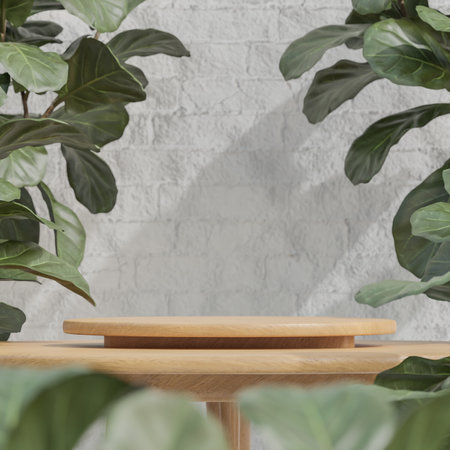 Wooden table podium for product presentation with plant on white brick wall background minimalist style.,3d model and illustration.の写真素材