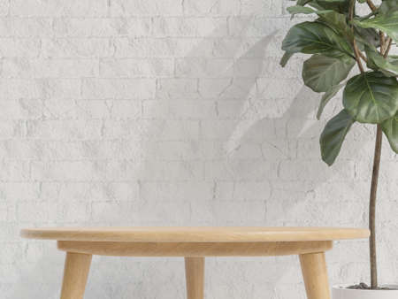 Wooden table podium for product presentation with plant on white brick wall background minimalist style.,3d model and illustration.の写真素材