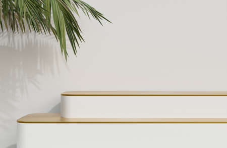 White and Gold podium for product presentation on white wall background and green leaf foreground...