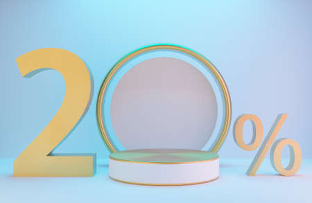 White and Gold podium and text 20% for product presentation and golden arch on white wall with lighting background luxury style.,3d model and illustration.の写真素材