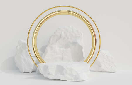 White stone podium for product presentation and golden arch on white wall background luxury style.,3d model and illustration.の写真素材