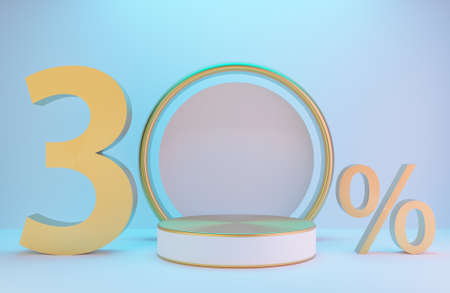 White and Gold podium and text 30% for product presentation and golden arch on white wall with lighting background luxury style.,3d model and illustration.の写真素材